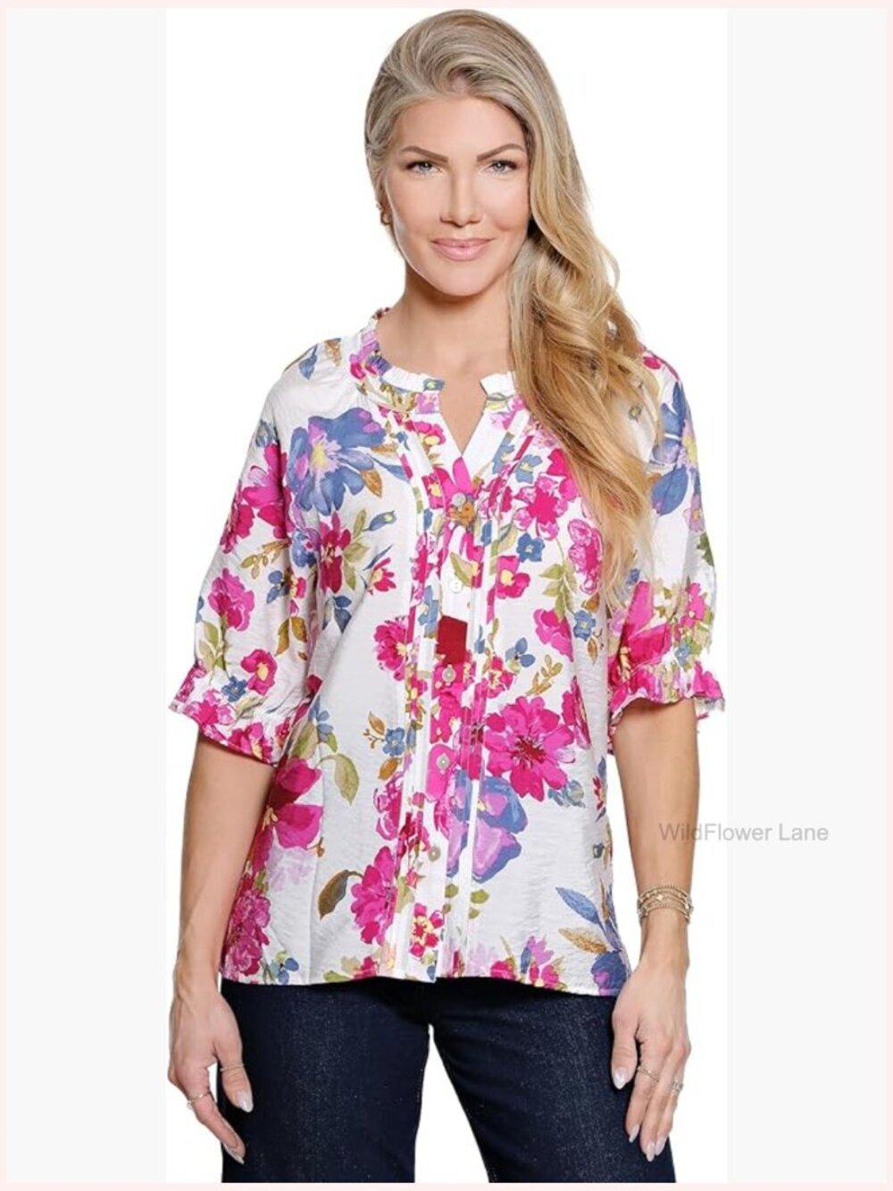Woven Button Front Blouse with Pleat Details Elbow Sleeve Tunic Top